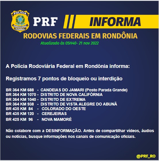 Segunda-feira começa com sete pontos das rodovias federais bloqueados por manifestantes em Rondônia, diz PRF