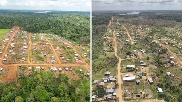 Imagem aérea dividida em dois momentos mostra a expansão de uma ocupação: à esquerda, uma área com casas e ruas de terra recém-aberta em meio à floresta; à direita, o mesmo local já mais ocupado, com maior número de construções e áreas desmatadas.